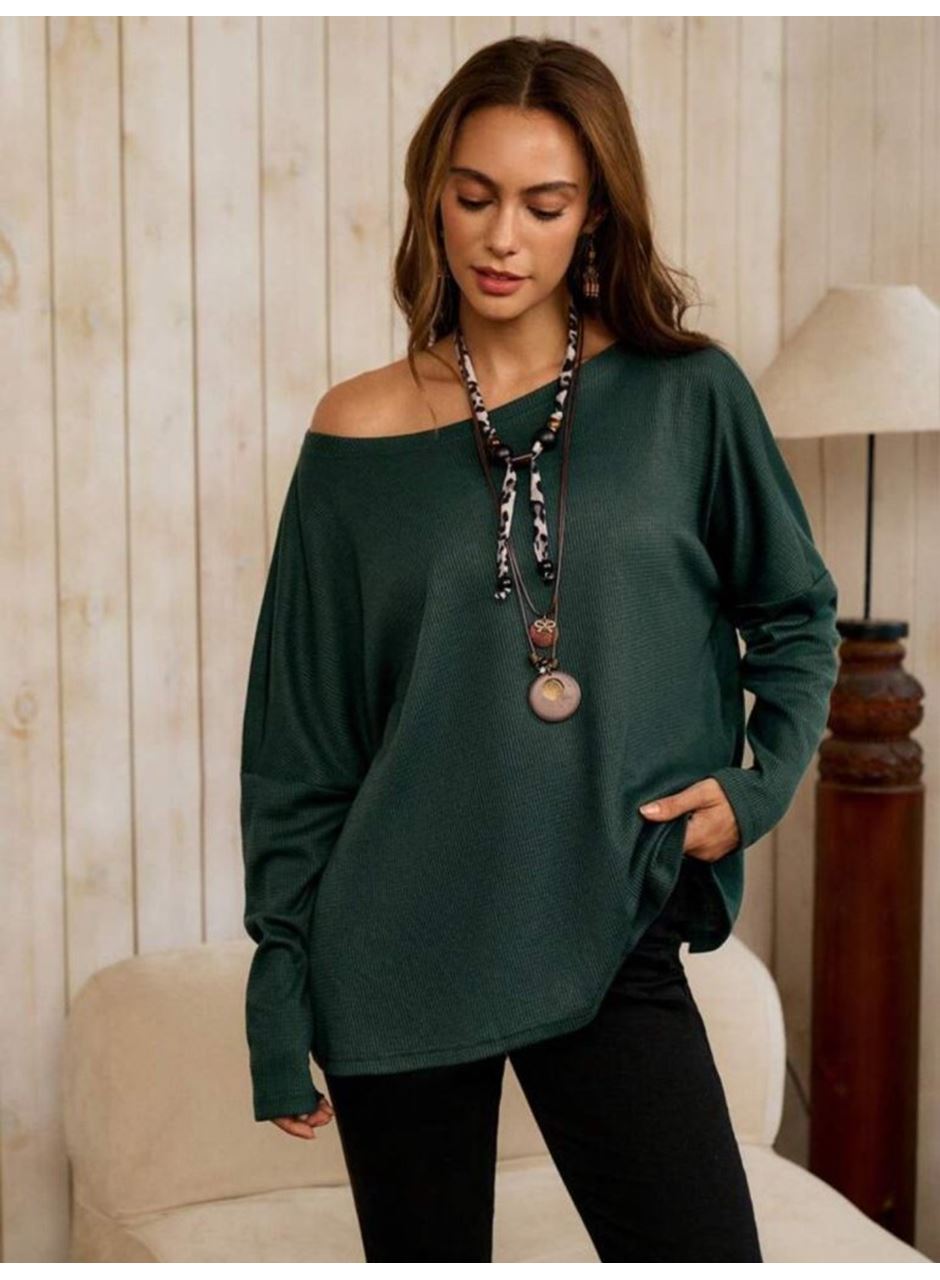 Kadın Tek Omuzdan Açık Yarasa Kollu Waffle Bluz