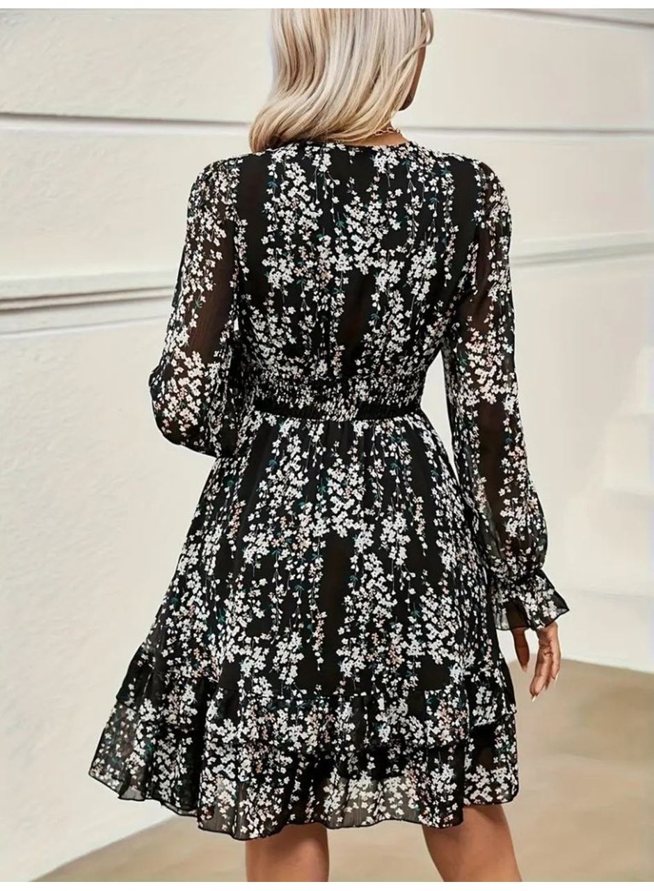 Kadın Uzun Kollu V Yakalı Fırfırlı Ve Bağcıklı şifon Mini Elbise