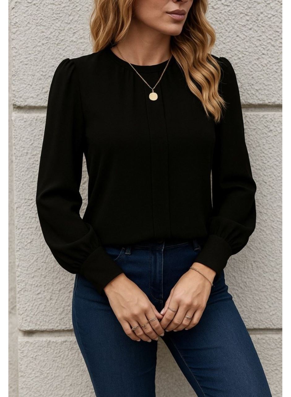 Kadın Uzun Kollu Bisiklet Yaka Pileli Ithal Krep Bluz