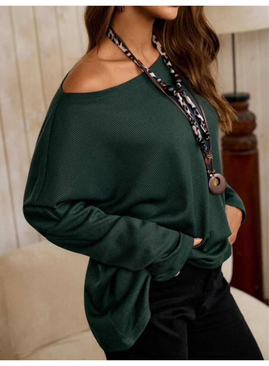 Kadın Tek Omuzdan Açık Yarasa Kollu Waffle Bluz