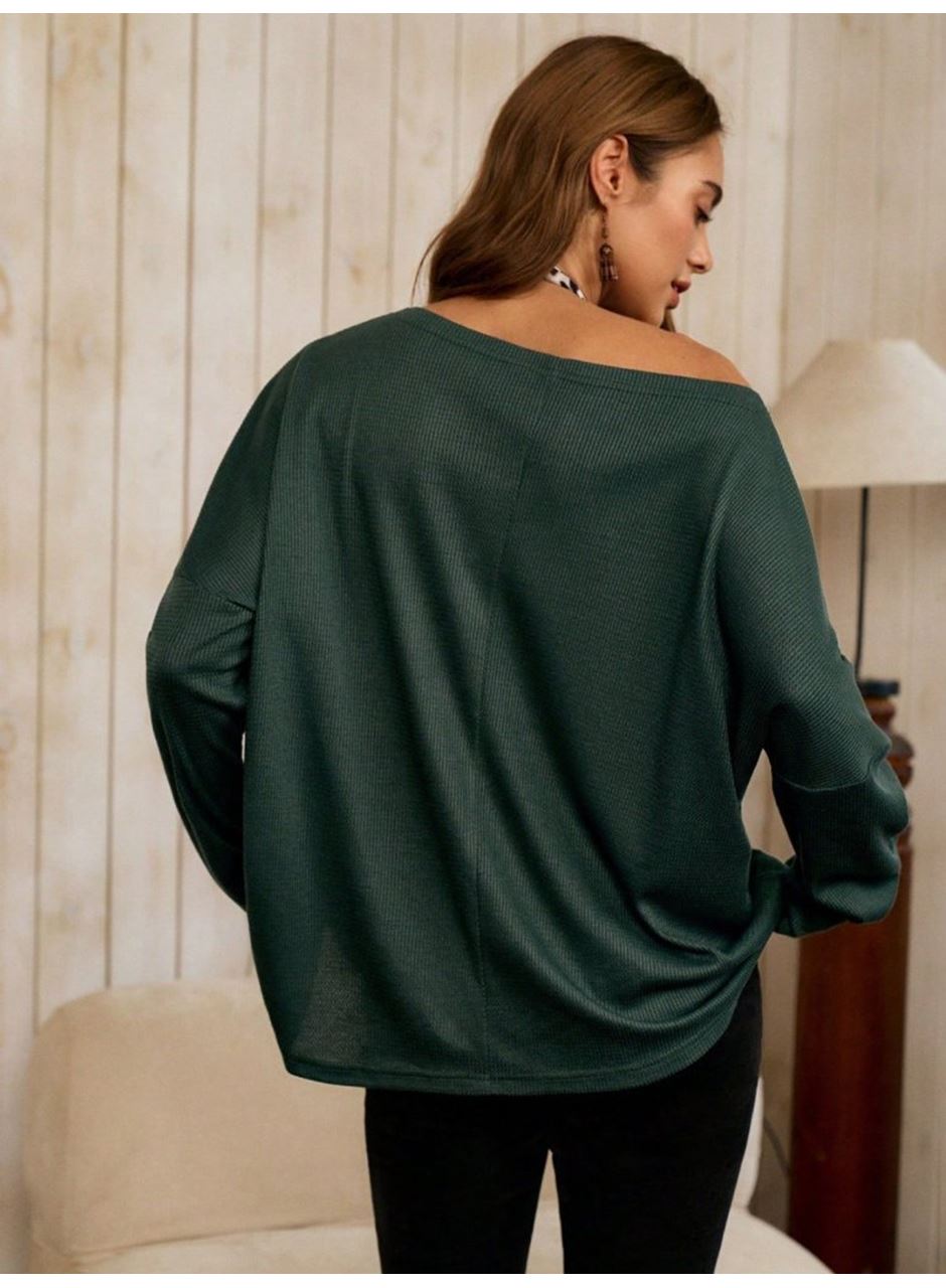 Kadın Tek Omuzdan Açık Yarasa Kollu Waffle Bluz