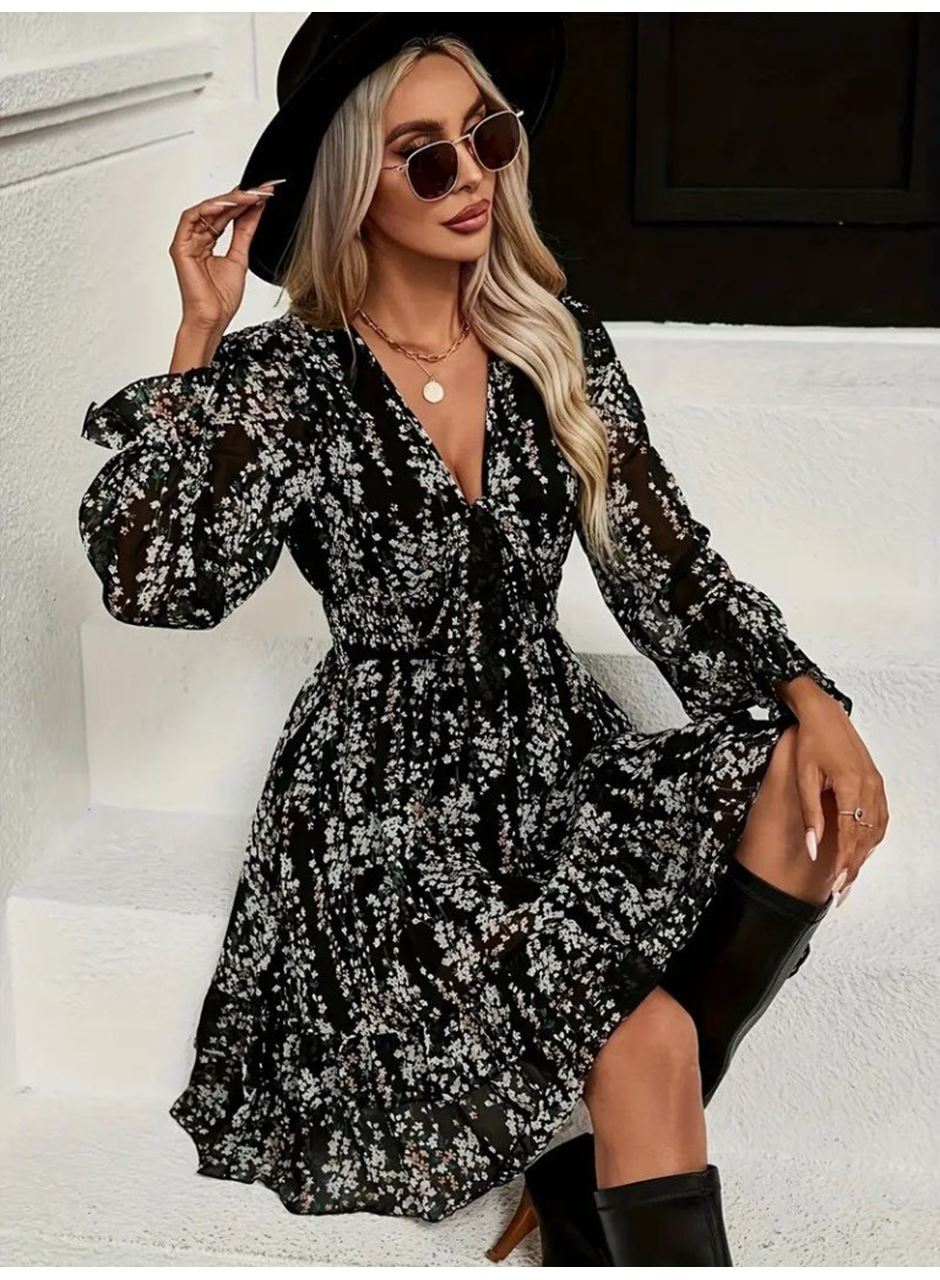 Kadın Uzun Kollu V Yakalı Fırfırlı Ve Bağcıklı şifon Mini Elbise