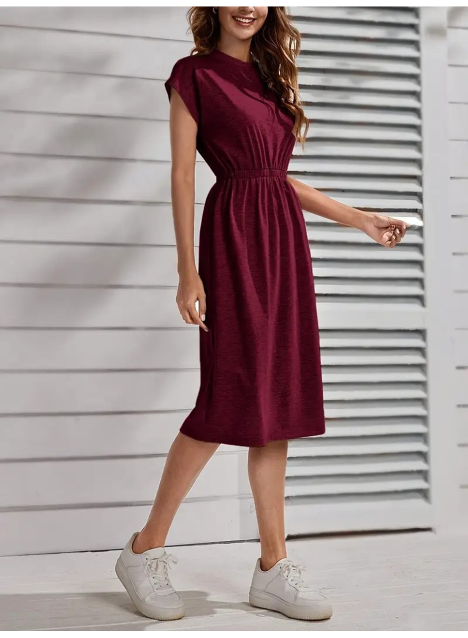 Kadın Kısa Kollu Bisiklet Yaka Belden Lastikli Midi Viskon Elbise