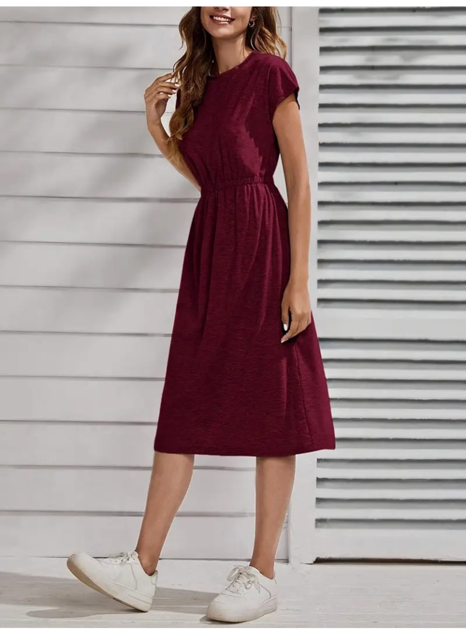 Kadın Kısa Kollu Bisiklet Yaka Belden Lastikli Midi Viskon Elbise