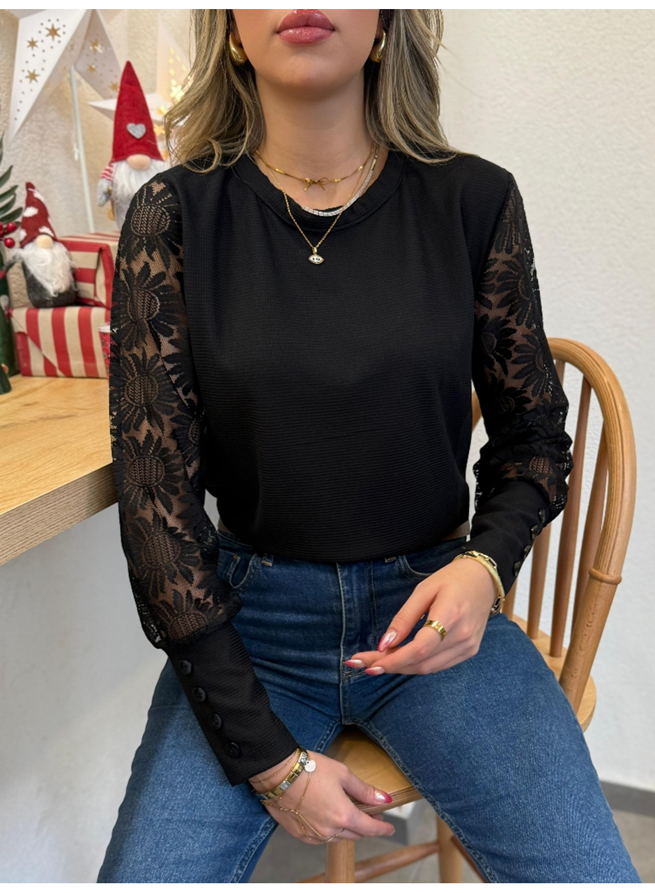 Kadın Uzun Kollu Bisiklet Yaka Kolları çiçekli Waffle Bluz