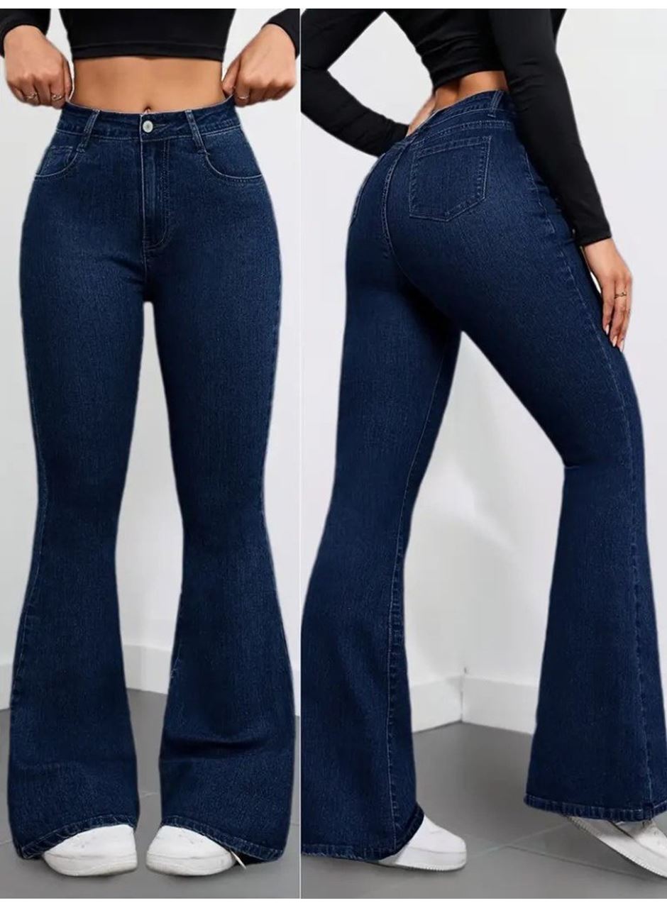 Kadın Yüksek Bel Cepli İspanyol Paçalı Kot Pantolon