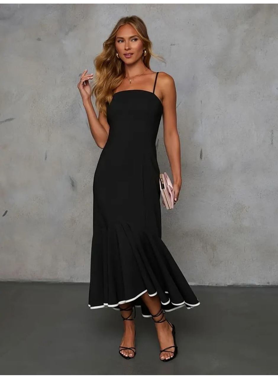 Kadın Ip Askılı Straplez Kesim Detay Maksi Boy Janjan Krep Elbise