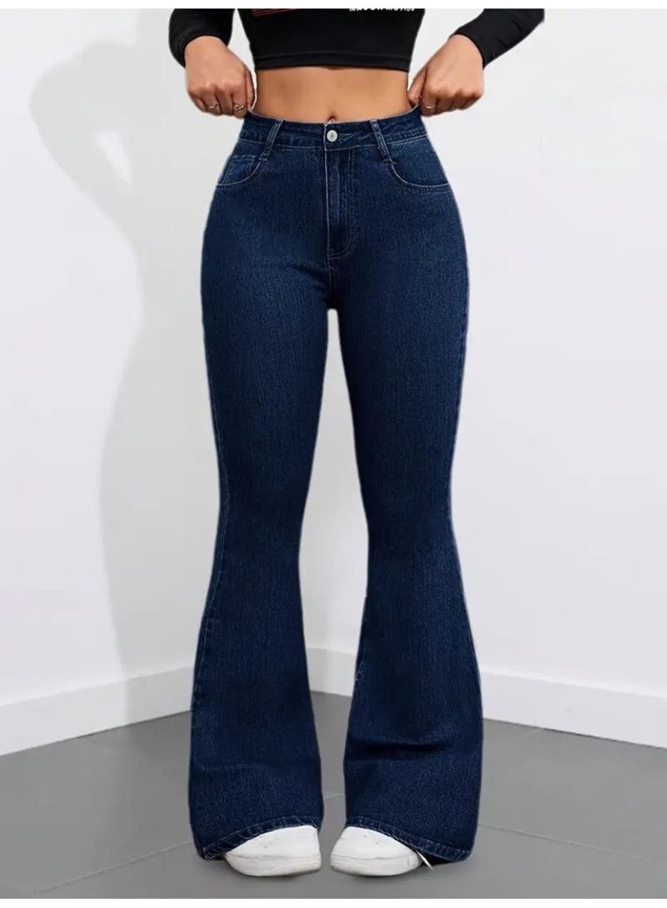 Kadın Yüksek Bel Cepli İspanyol Paçalı Kot Pantolon