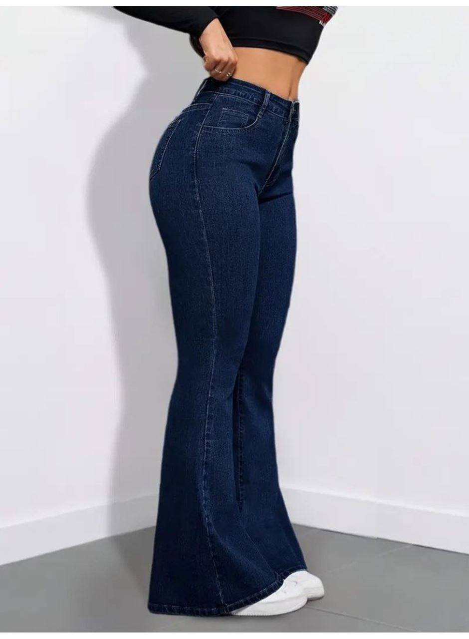 Kadın Yüksek Bel Cepli İspanyol Paçalı Kot Pantolon