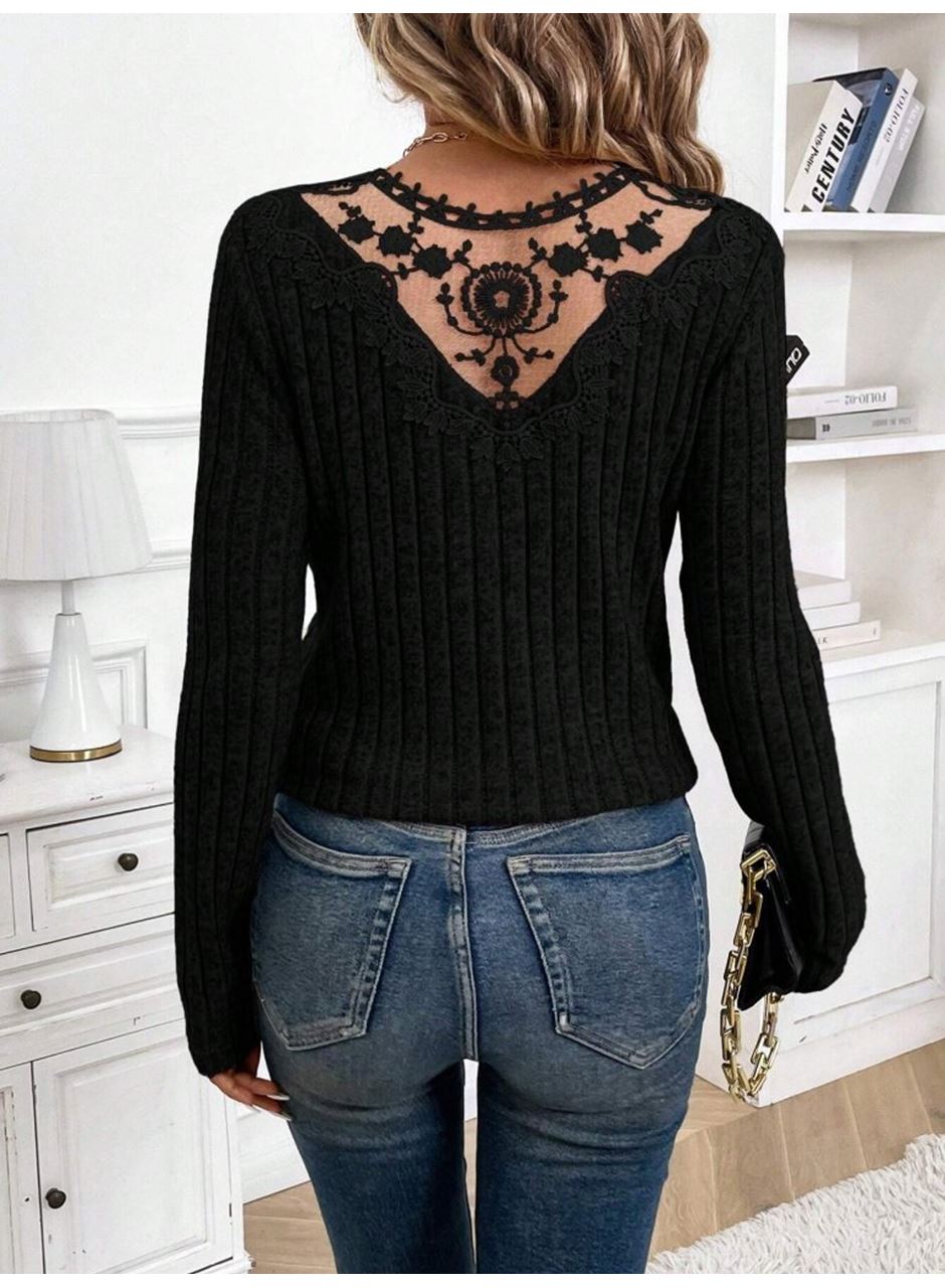Kadın Uzun Kollu V Yakalı Arkadan Dantel Detaylı şardonlu Kaşkorse Bluz