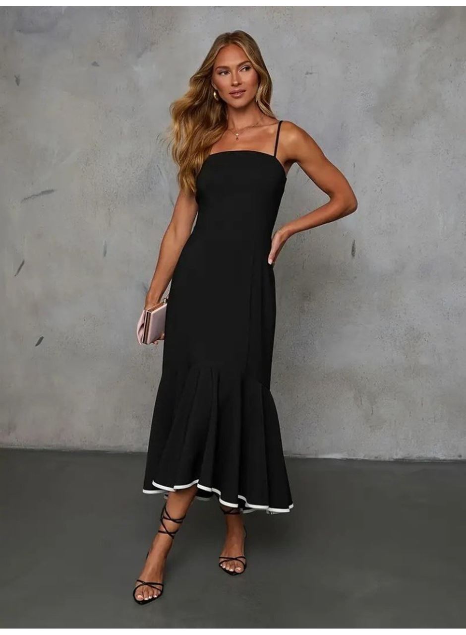 Kadın Ip Askılı Straplez Kesim Detay Maksi Boy Janjan Krep Elbise