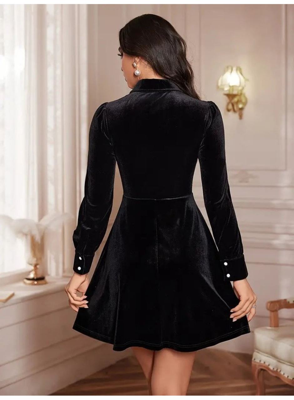 Kadın Uzun Kollu Yakalı Tül Detaylı Incili Mini Kadife Elbise