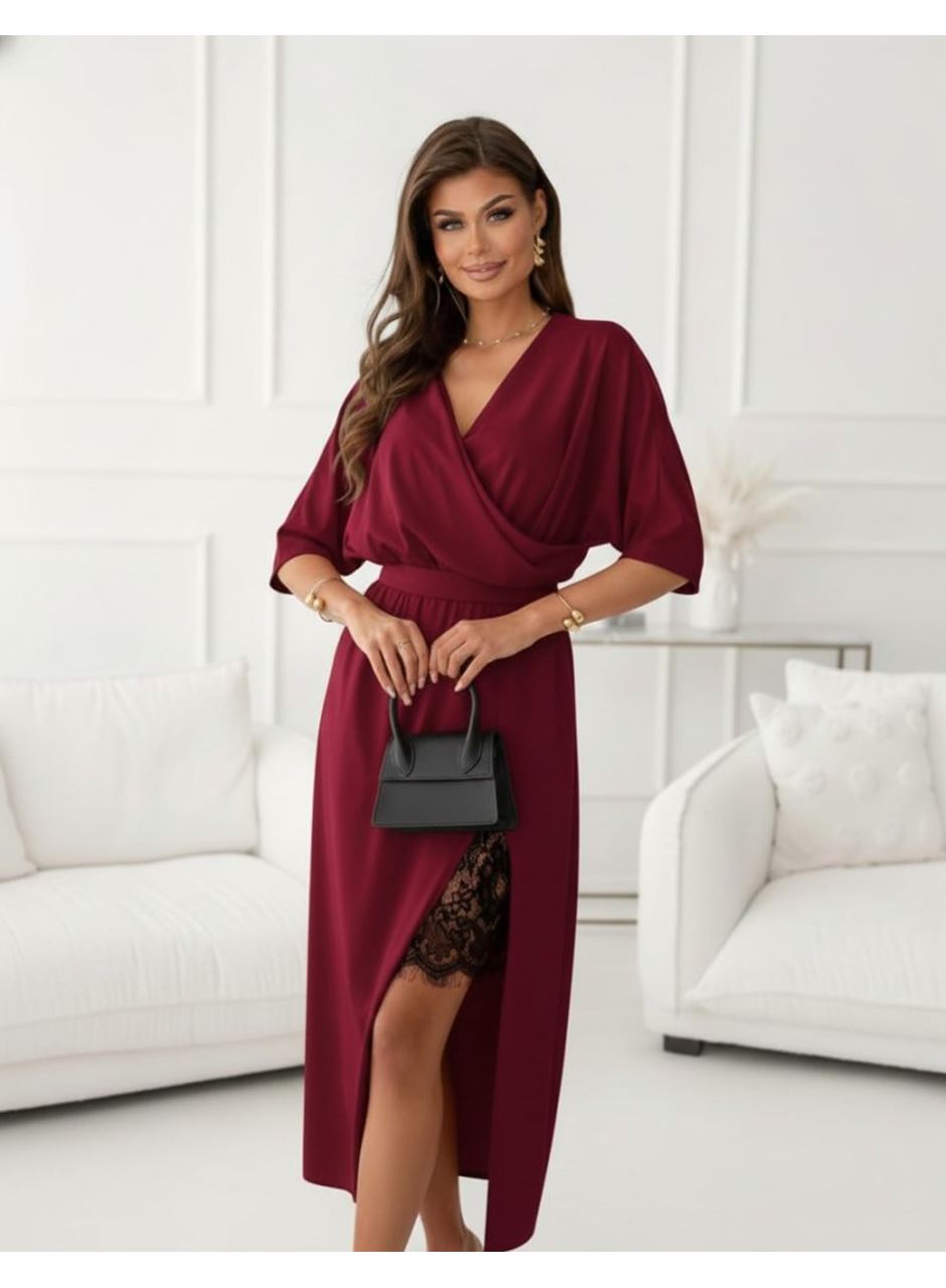 Kadın Uzun Kollu Kruvaze Yakalı Yandan Dantelli Midi Ithal Krep Elbise