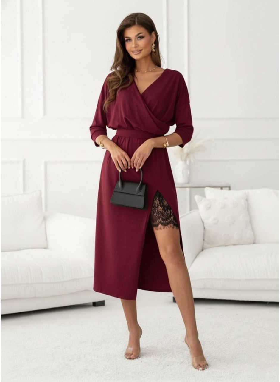 Kadın Uzun Kollu Kruvaze Yakalı Yandan Dantelli Midi Ithal Krep Elbise