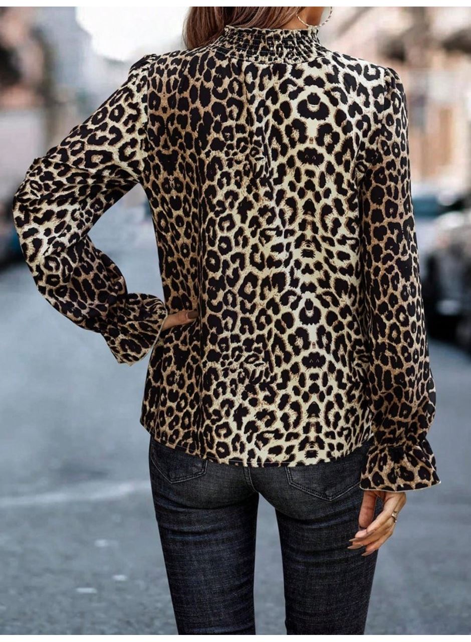 Kadın Uzun Kollu Gipe Detaylı Balıkçı Yaka Leopar Desenli Süprem Bluz