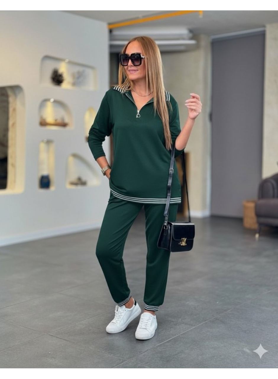 Kadın Uzun Kollu Fermuarlı şerit Detay Desenli Alt üst Ikili Viskon Iki Iplik Takım