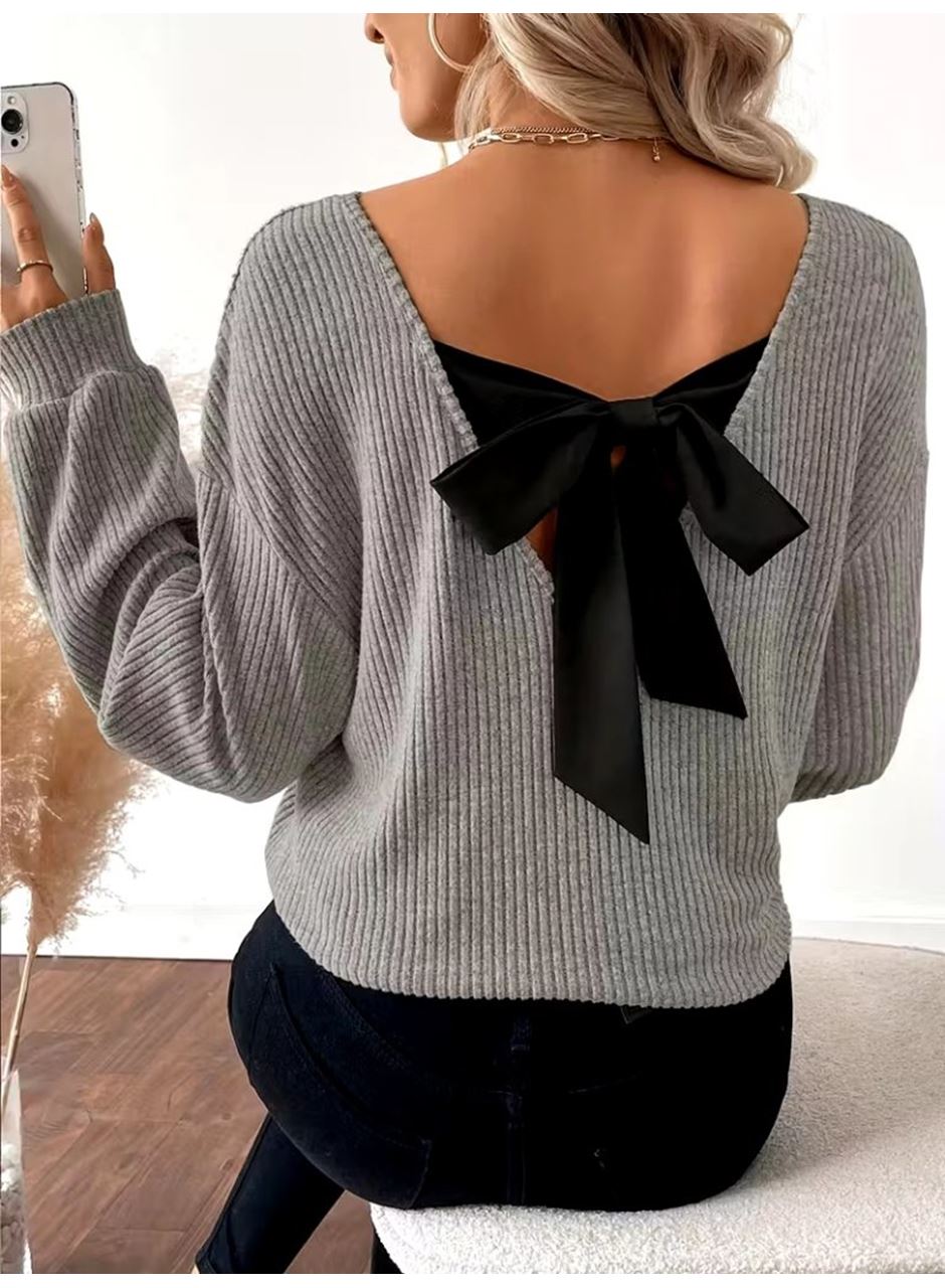 Kadın Uzun Kollu V Yakalı Arkadan Kurdela Detaylı şardonlu Kaşkorse Bluz