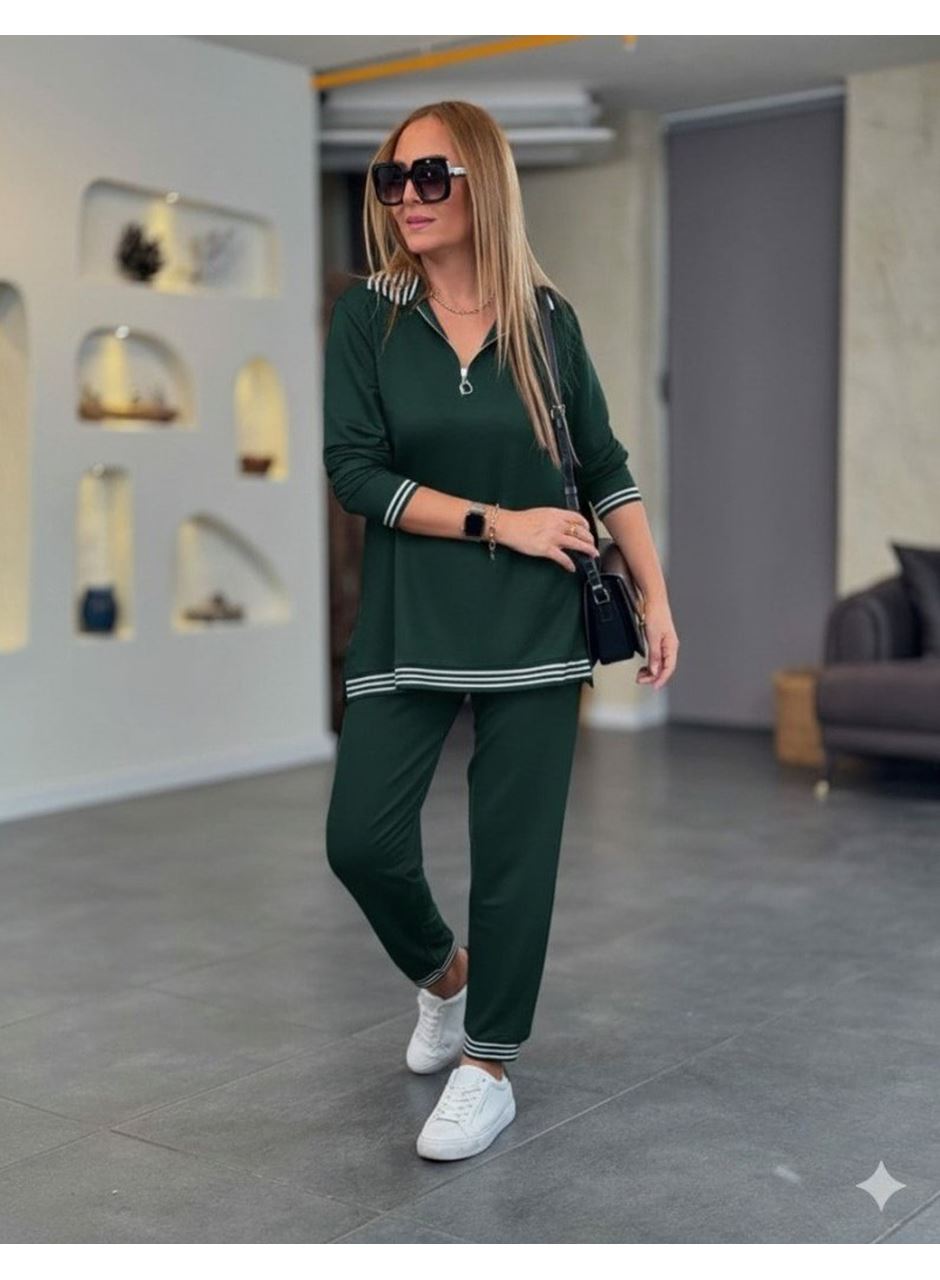 Kadın Uzun Kollu Fermuarlı şerit Detay Desenli Alt üst Ikili Viskon Iki Iplik Takım