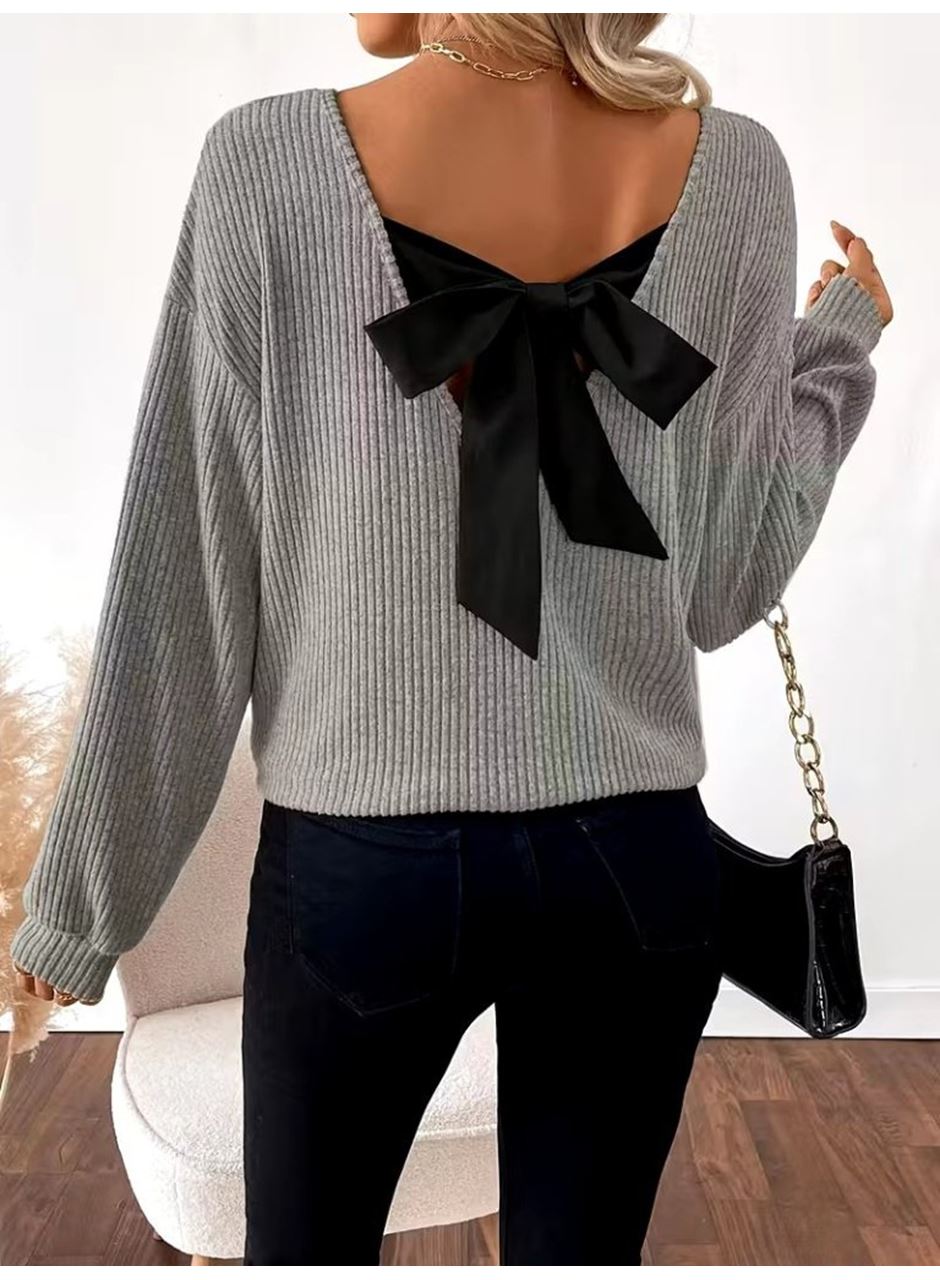 Kadın Uzun Kollu V Yakalı Arkadan Kurdela Detaylı şardonlu Kaşkorse Bluz