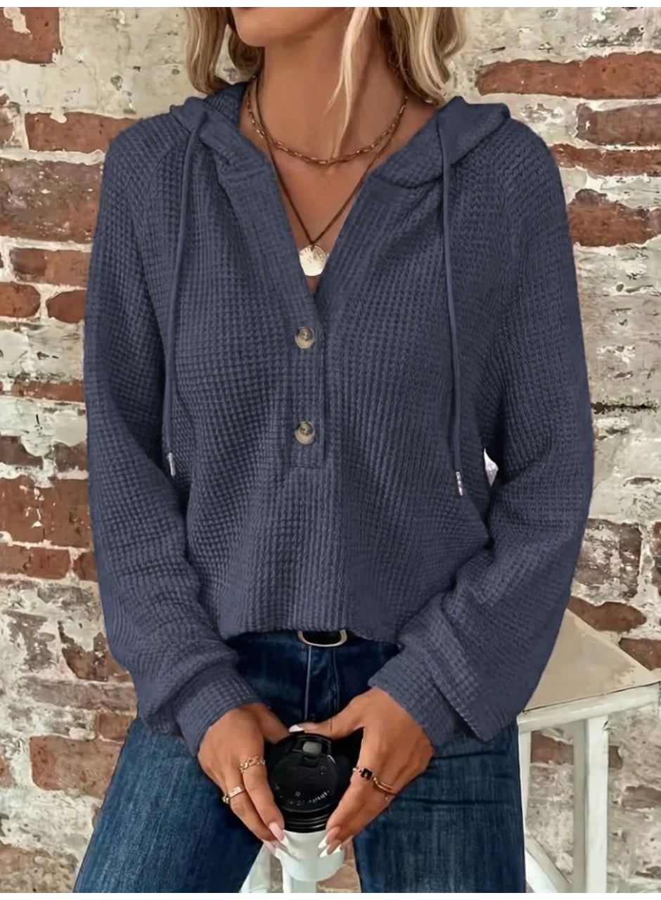 Kadın Uzun Kollu Kapşonlu önü Düğmeli Ve Bağcıklı Waffle Bluz