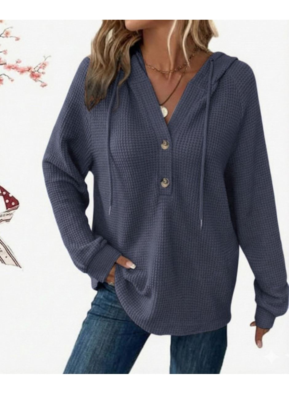 Kadın Uzun Kollu Kapşonlu önü Düğmeli Ve Bağcıklı Waffle Bluz