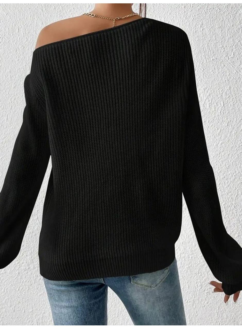 Kadın Uzun Kollu Tek Omuzu Açık Detaylı Triko Bluz
