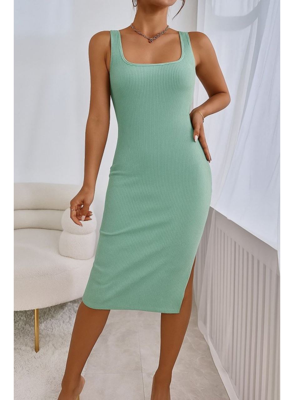 Kadın Askılı Kare Yaka Yandan Yırtmaçlı Midi Kaşkorse Elbise