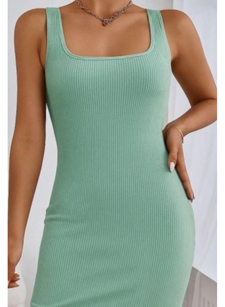 Kadın Askılı Kare Yaka Yandan Yırtmaçlı Midi Kaşkorse Elbise