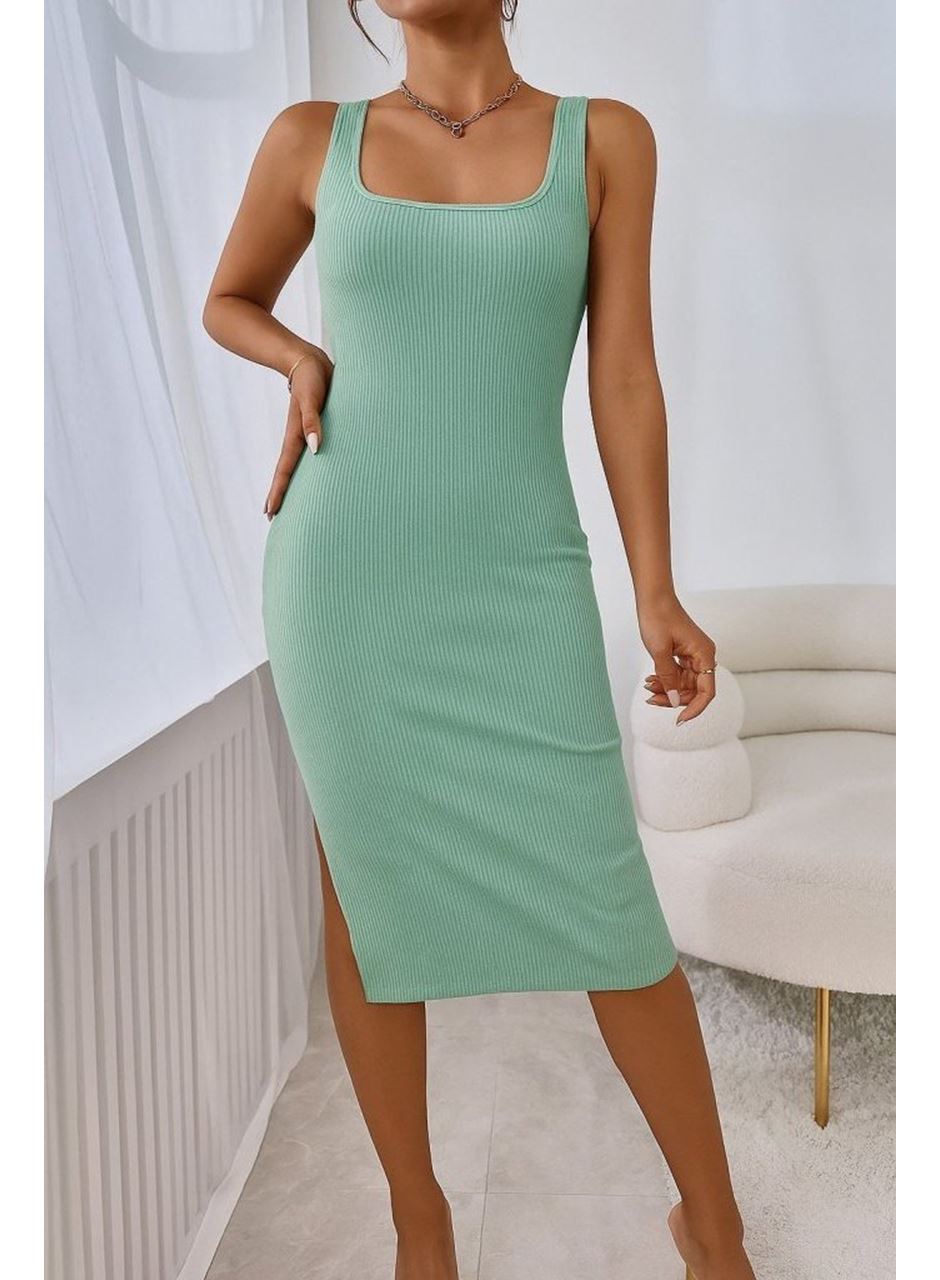 Kadın Askılı Kare Yaka Yandan Yırtmaçlı Midi Kaşkorse Elbise