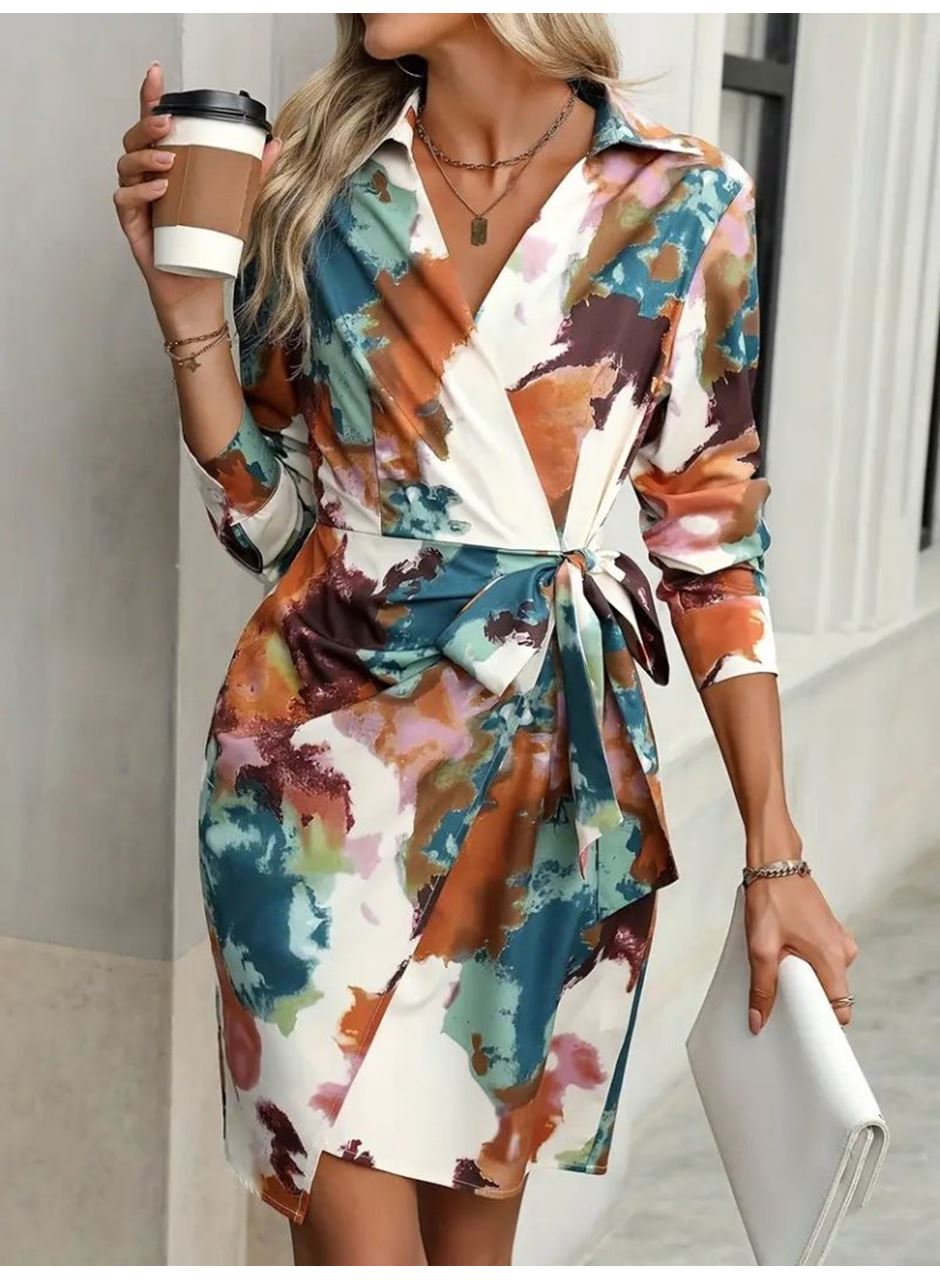 Kadın Uzun Kollu Yakalı Yandan Bağlamalı Mini Desenli Modal Elbise