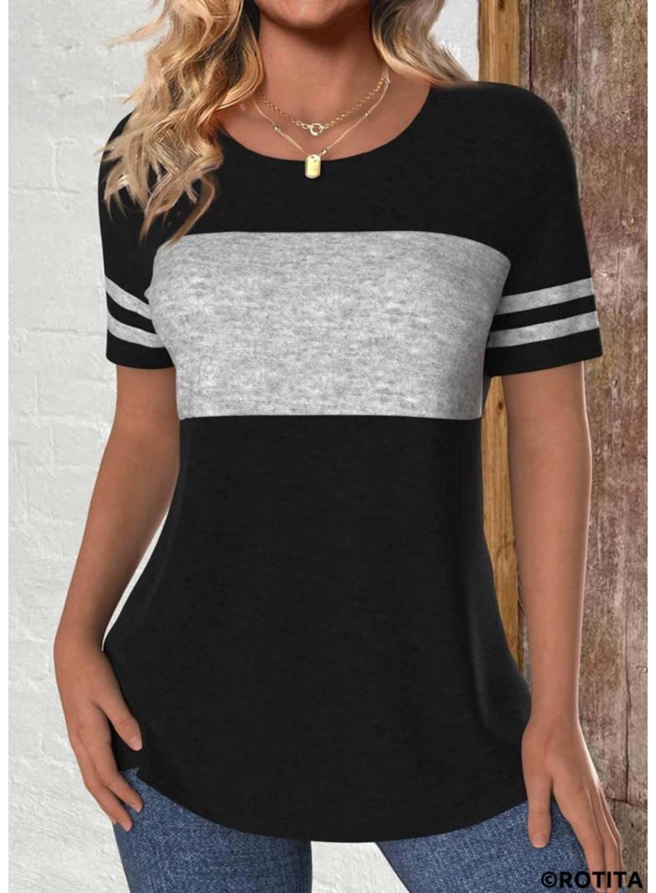 Kadın Kısa Kollu Bisiklet Yaka çift Renkli Viskon Bluz