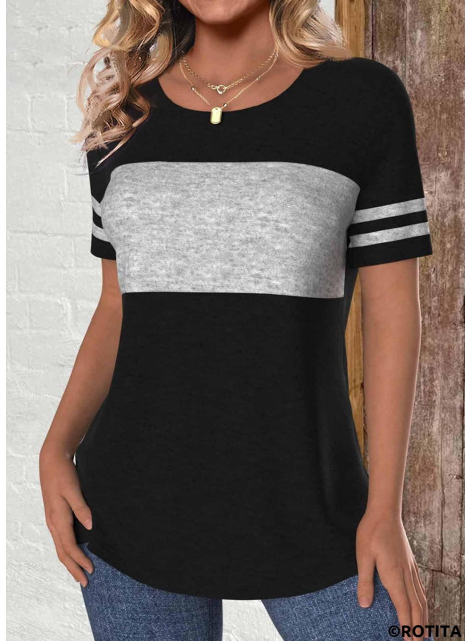 Kadın Kısa Kollu Bisiklet Yaka çift Renkli Viskon Bluz
