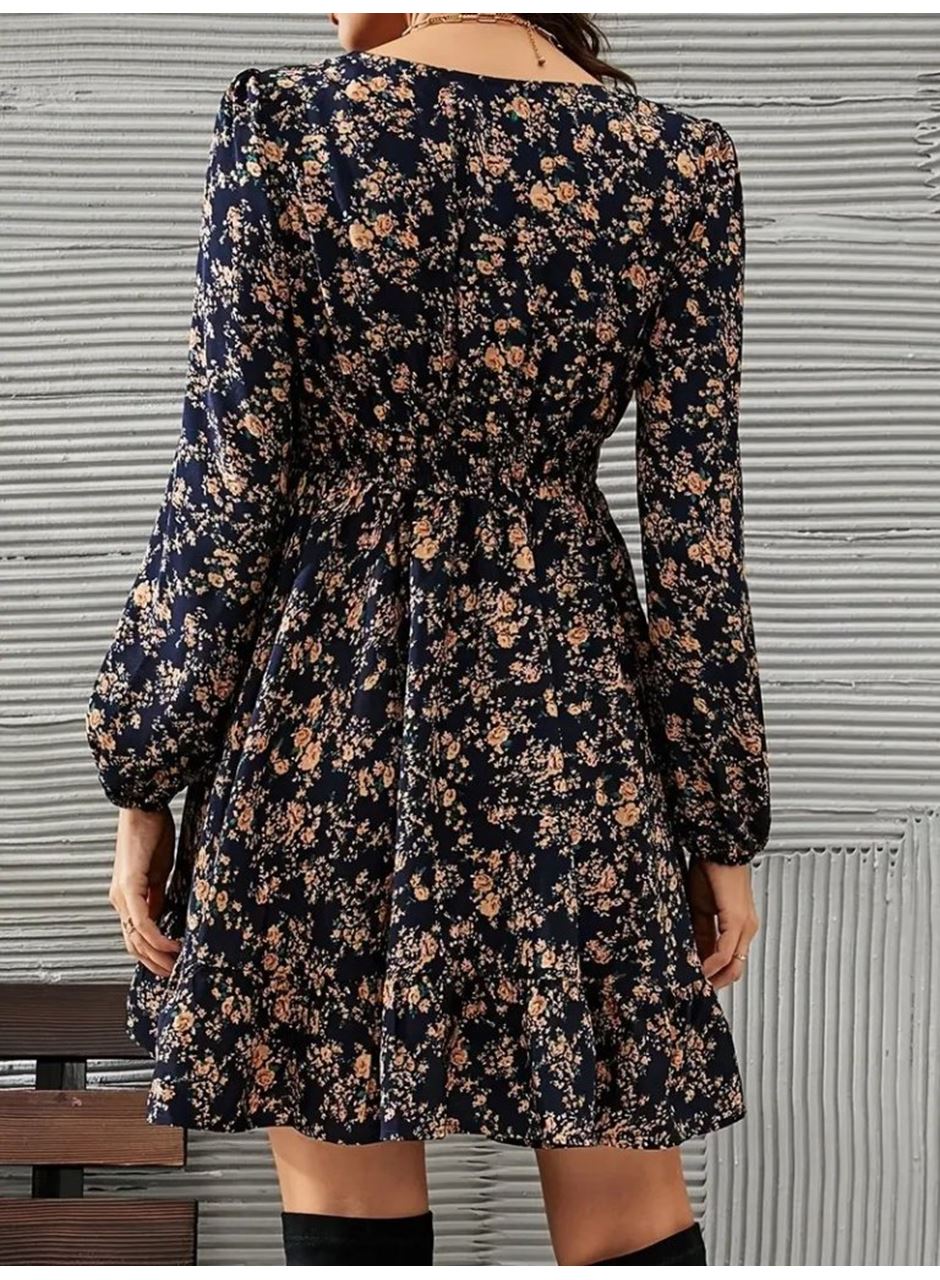 Kadın Uzun Kollu Dantel V Yakalı Mini Desenli Süprem Elbise