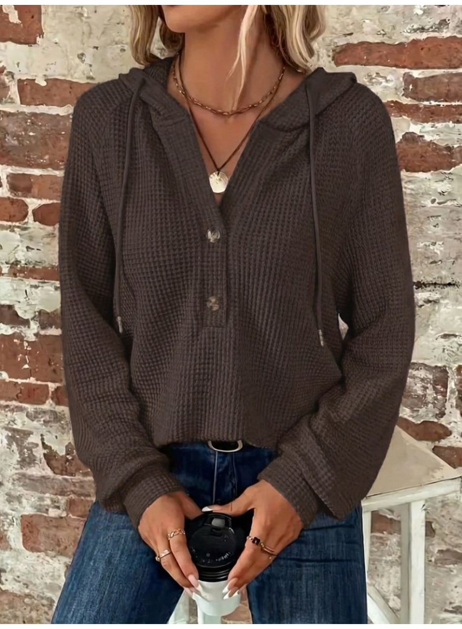 Kadın Uzun Kollu Kapşonlu önü Düğmeli Ve Bağcıklı Waffle Bluz
