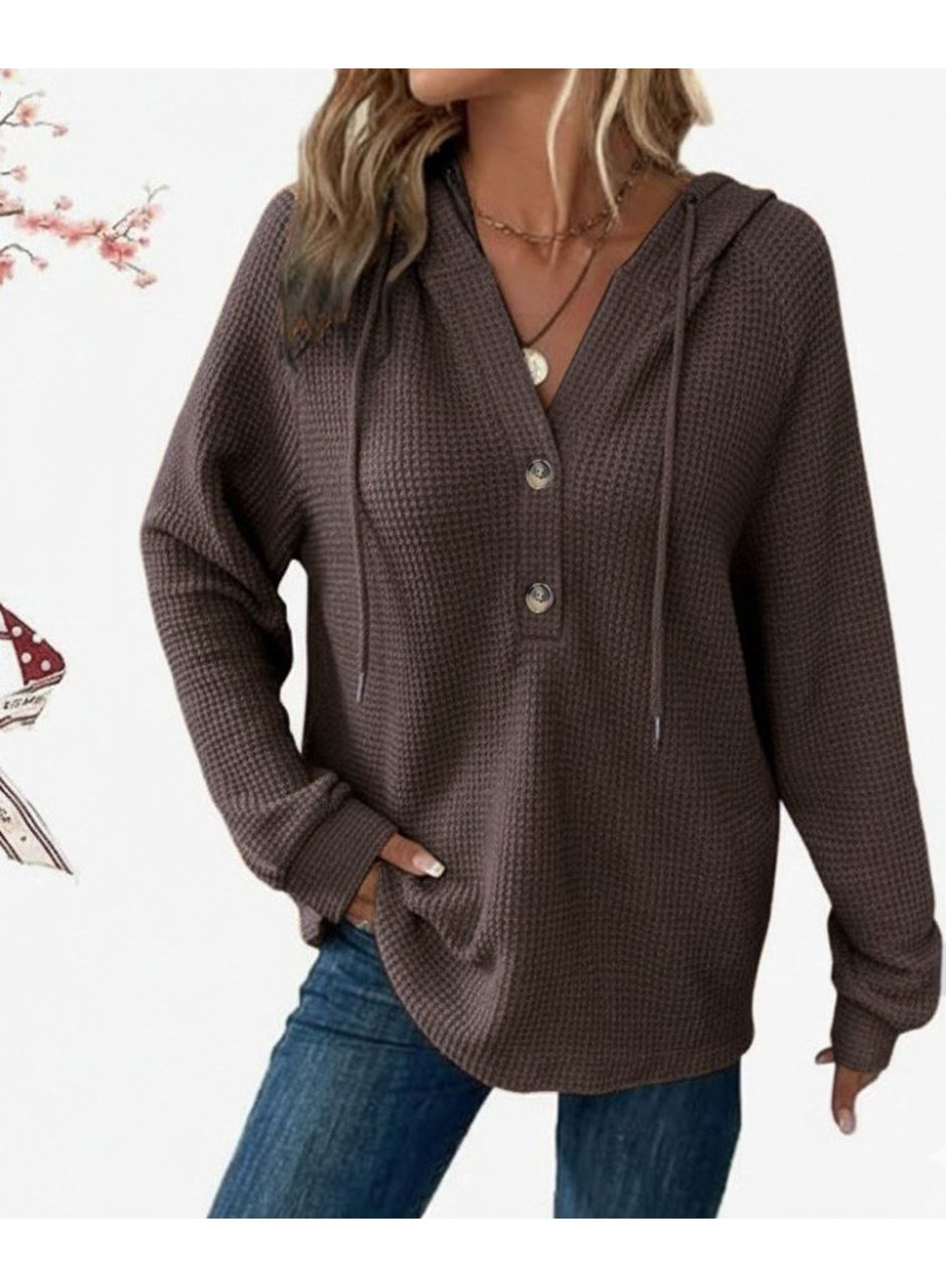 Kadın Uzun Kollu Kapşonlu önü Düğmeli Ve Bağcıklı Waffle Bluz