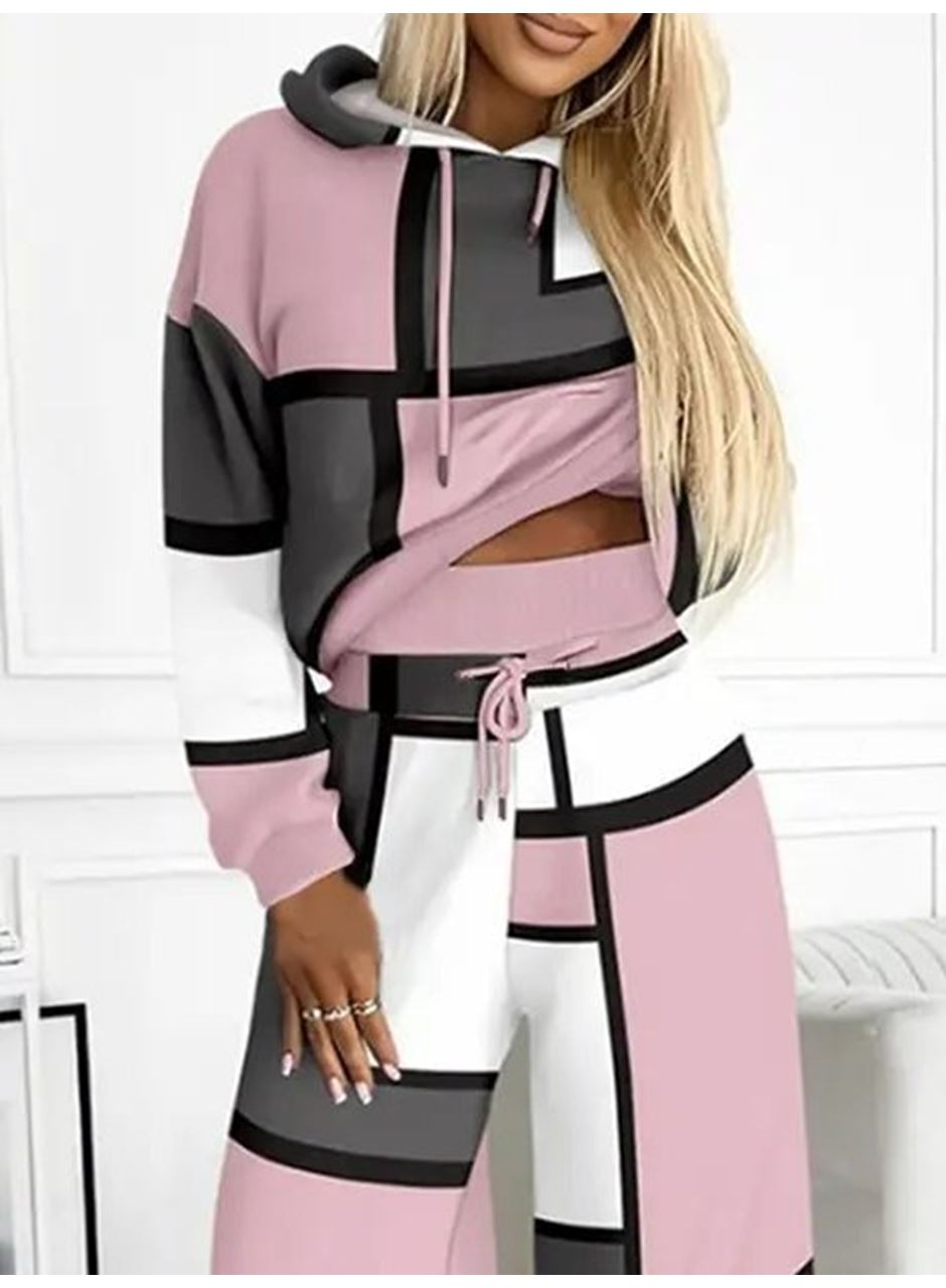 Kadın Uzun Kollu Kapşonlu Bağcıklı Desenli Iki Iplik Bluz Ve Pantolon Ikili Takım