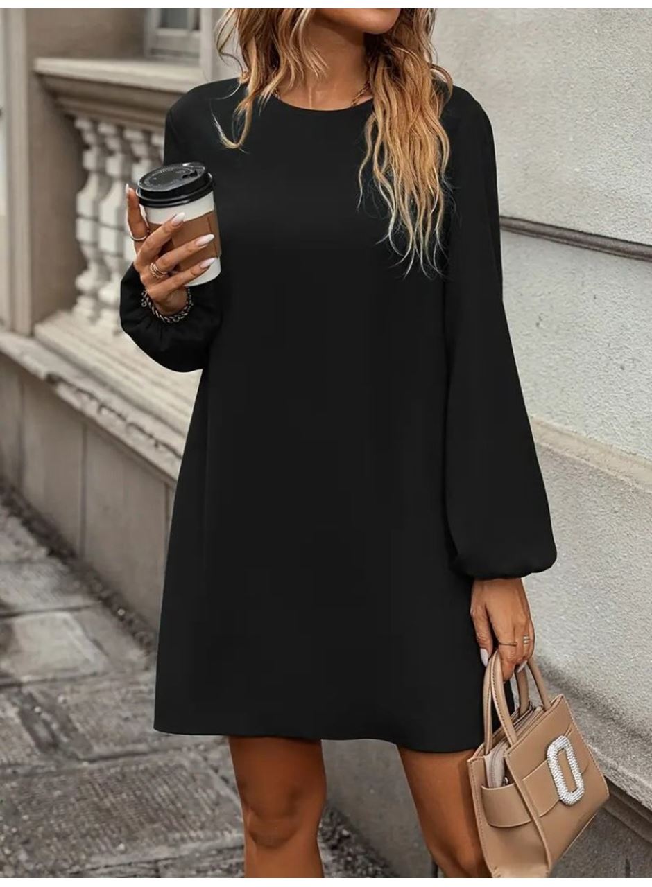 Kadın Uzun Kollu Yuvarlak Yaka Mini Ithal Krep Elbise
