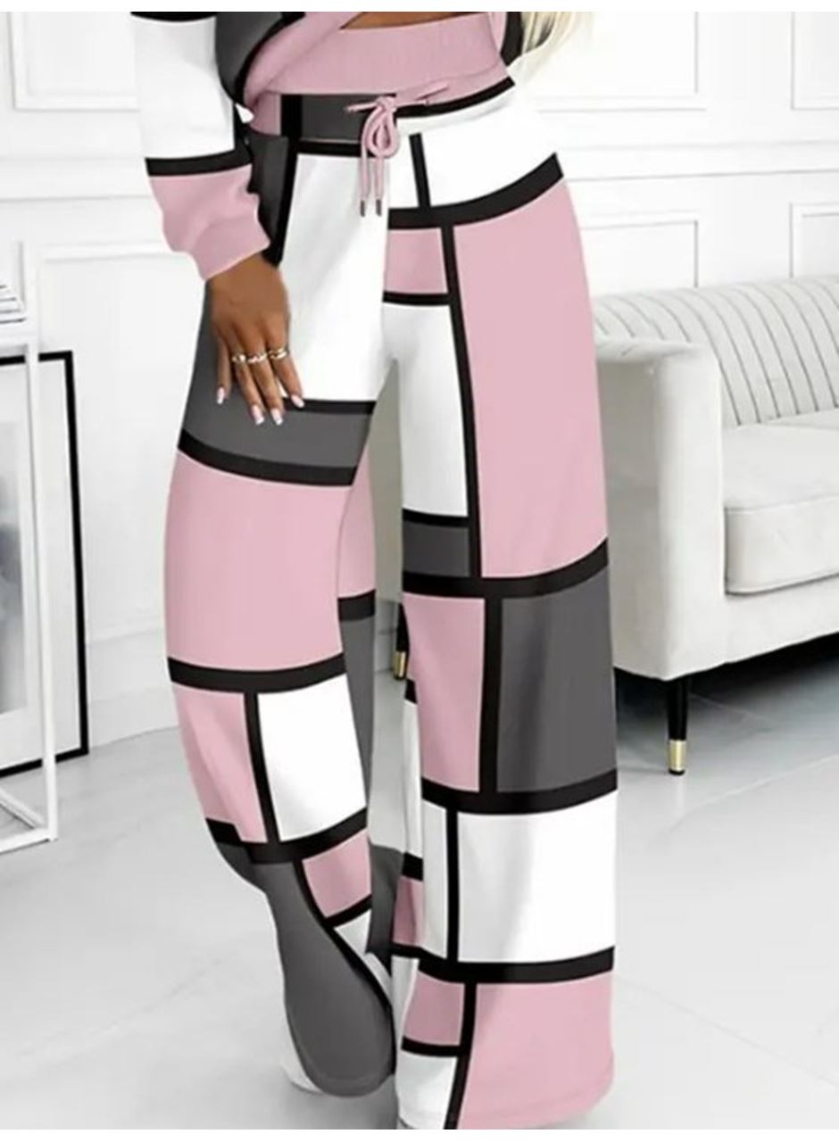 Kadın Uzun Kollu Kapşonlu Bağcıklı Desenli Iki Iplik Bluz Ve Pantolon Ikili Takım