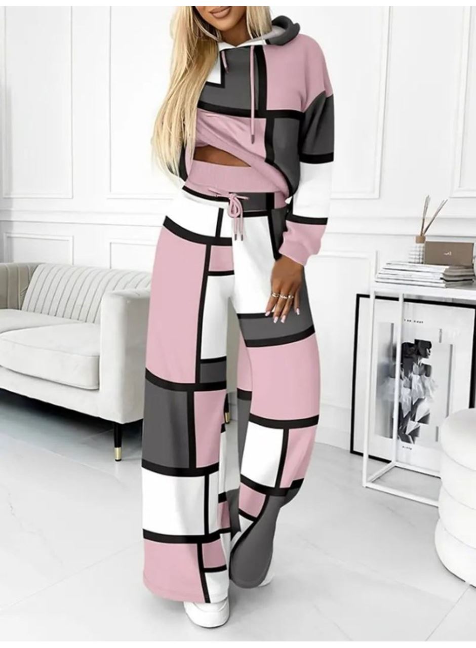 Kadın Uzun Kollu Kapşonlu Bağcıklı Desenli Iki Iplik Bluz Ve Pantolon Ikili Takım