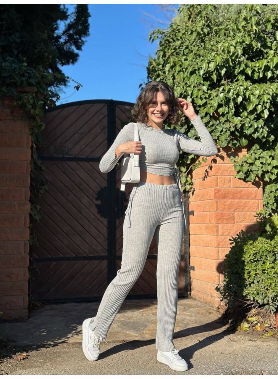 Kadın Yandan Bağlamalı Geniş Paçalı Fitil Kaşkorse İkili Takım