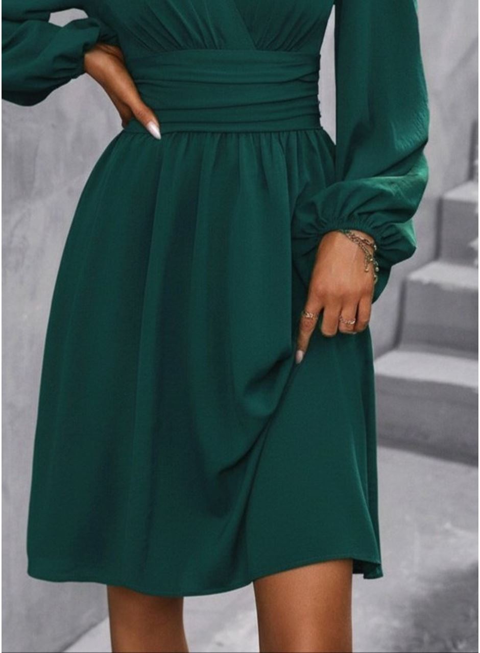 Kadın Uzun Kollu Kruvaze Yakalı Bel Korsajlı Mini Elbise