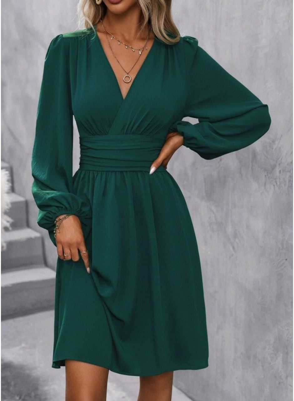 Kadın Uzun Kollu Kruvaze Yakalı Bel Korsajlı Mini Elbise