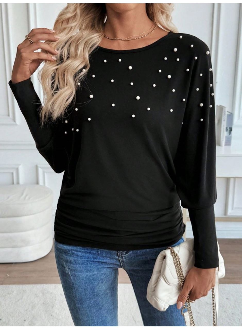 Kadın Uzun Kollu Yuvarlak Yaka Incili Viskon Bluz
