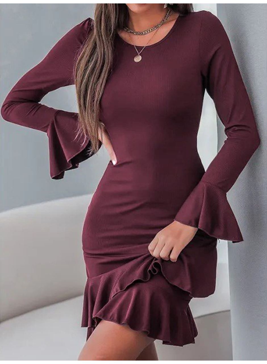 Kadın Uzun Kollu Yuvarlak Yaka Fırfırlı Kol Ucu Volanlı Janjan Krep Mini Elbise