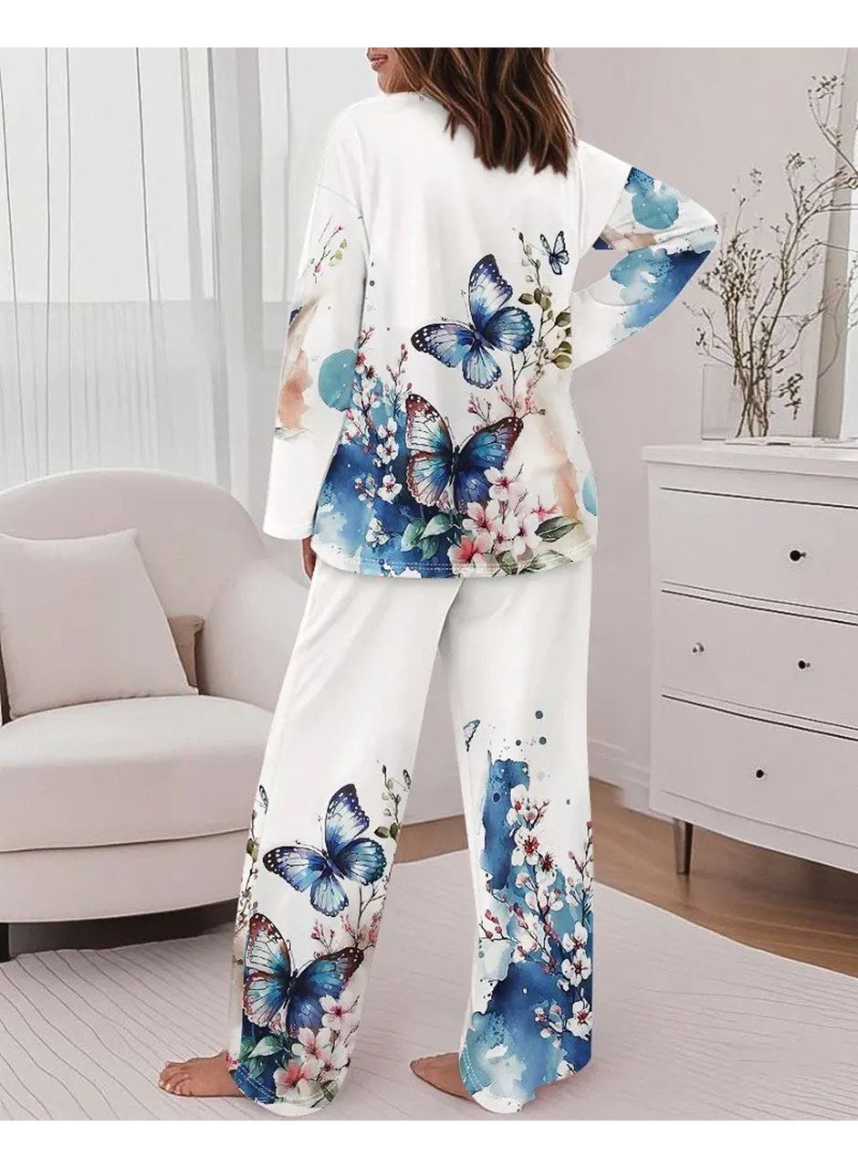 Kadın Uzun Kollu Bisiklet Yaka Kelebek Desenli Iki Iplik Alt üst Takım