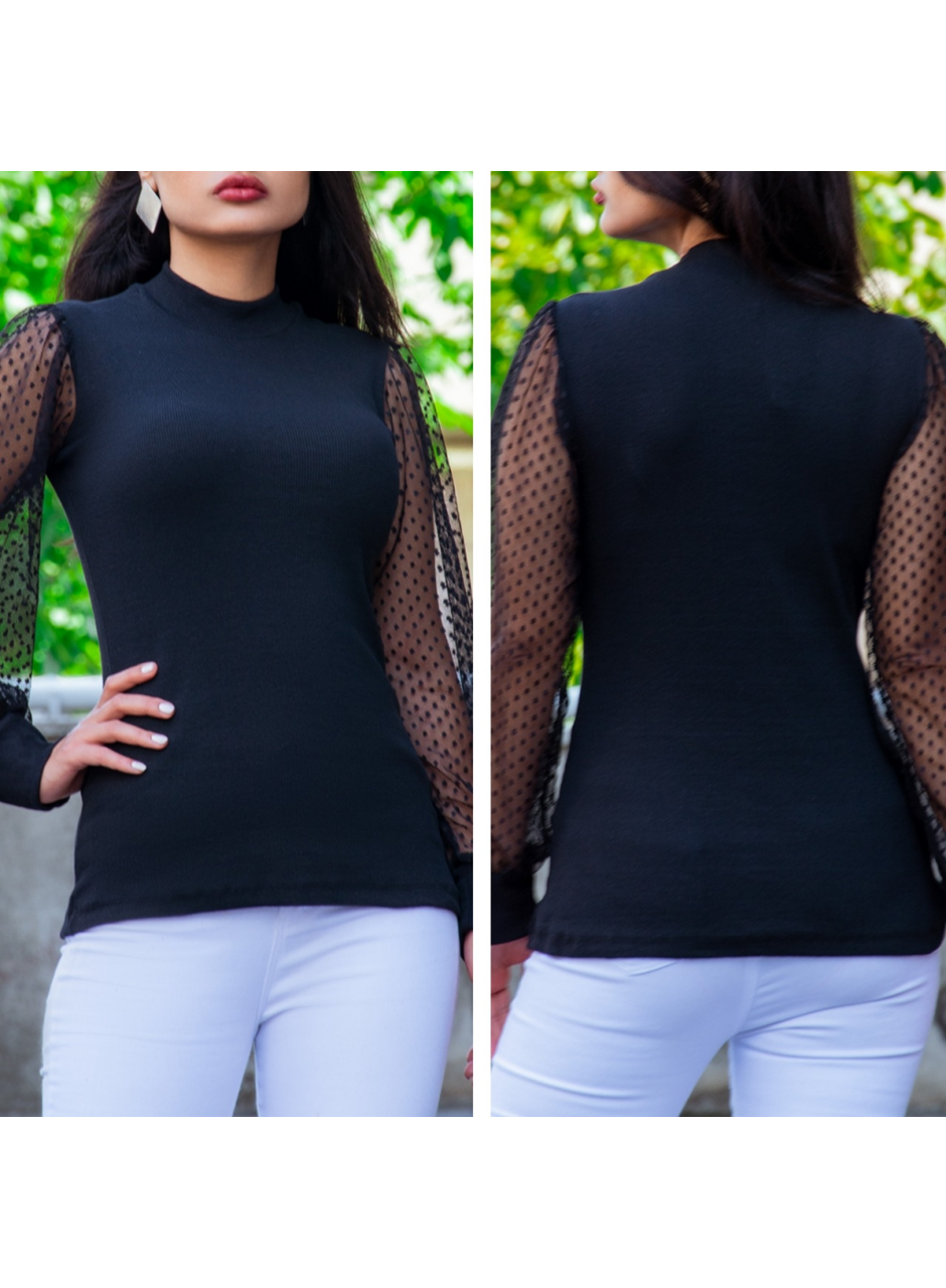 Kadın Siyah Kolu Tül Detaylı Yarım Balıkçı Kaşkorse Bluz 6160