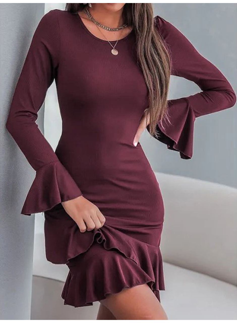 Kadın Uzun Kollu Yuvarlak Yaka Fırfırlı Kol Ucu Volanlı Janjan Krep Mini Elbise