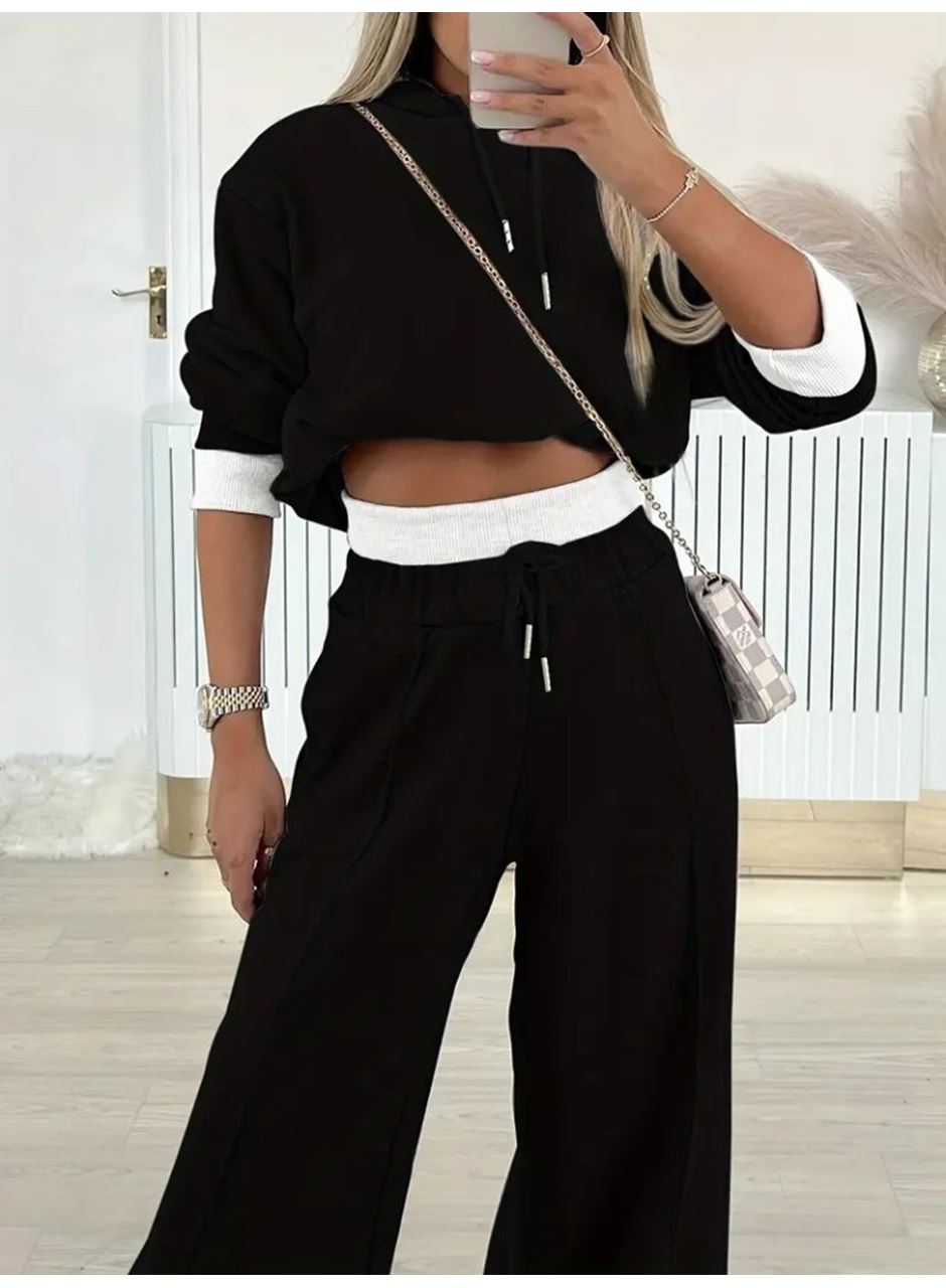 Kadın Uzun Kollu Kapşonlu Viskon Iki Iplik Bluz Ve Pantolon Ikili Takım