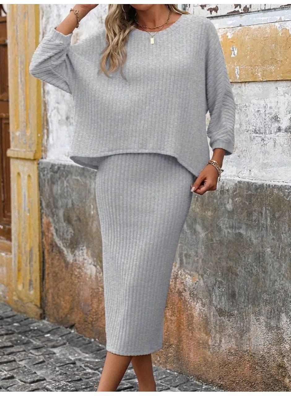 Kadın Uzun Kollu Yuvarlak Yakalı şardonlu Kaşkorse Bluz Ve Etek Ikili Takım