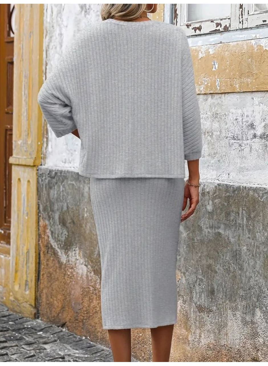 Kadın Uzun Kollu Yuvarlak Yakalı şardonlu Kaşkorse Bluz Ve Etek Ikili Takım